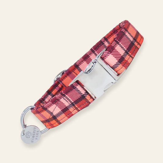 "Autumn Highland" orange and burgundy plaid dog collar with silver buckle, D-ring, and engraved tag