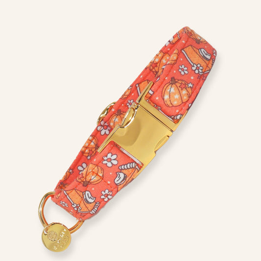 A close-up of a dog collar featuring a vibrant orange-red background with a pattern of pumpkins and white flowers. The collar is equipped with a polished gold-tone metal buckle, a hanging gold-tone ring, and a round gold-tone brand tag.