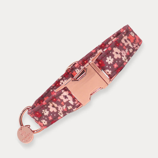 "Harvest Garden" burgundy floral dog collar with rose gold buckle, D-ring, and engraved tag