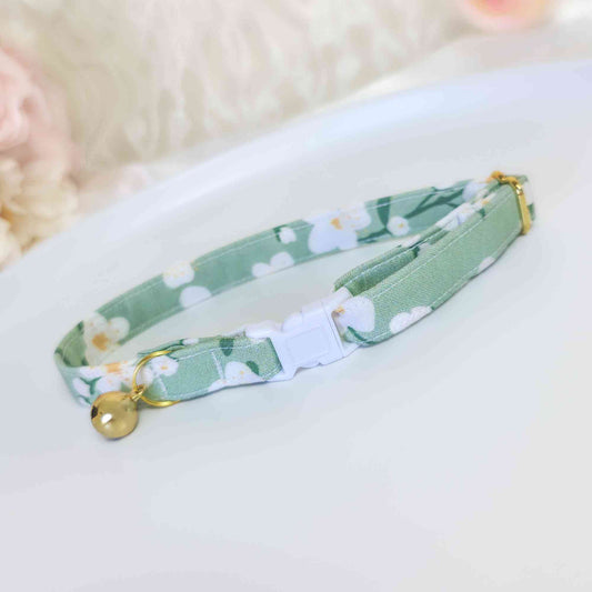 sage green floral cat collar with bell and safety buckle