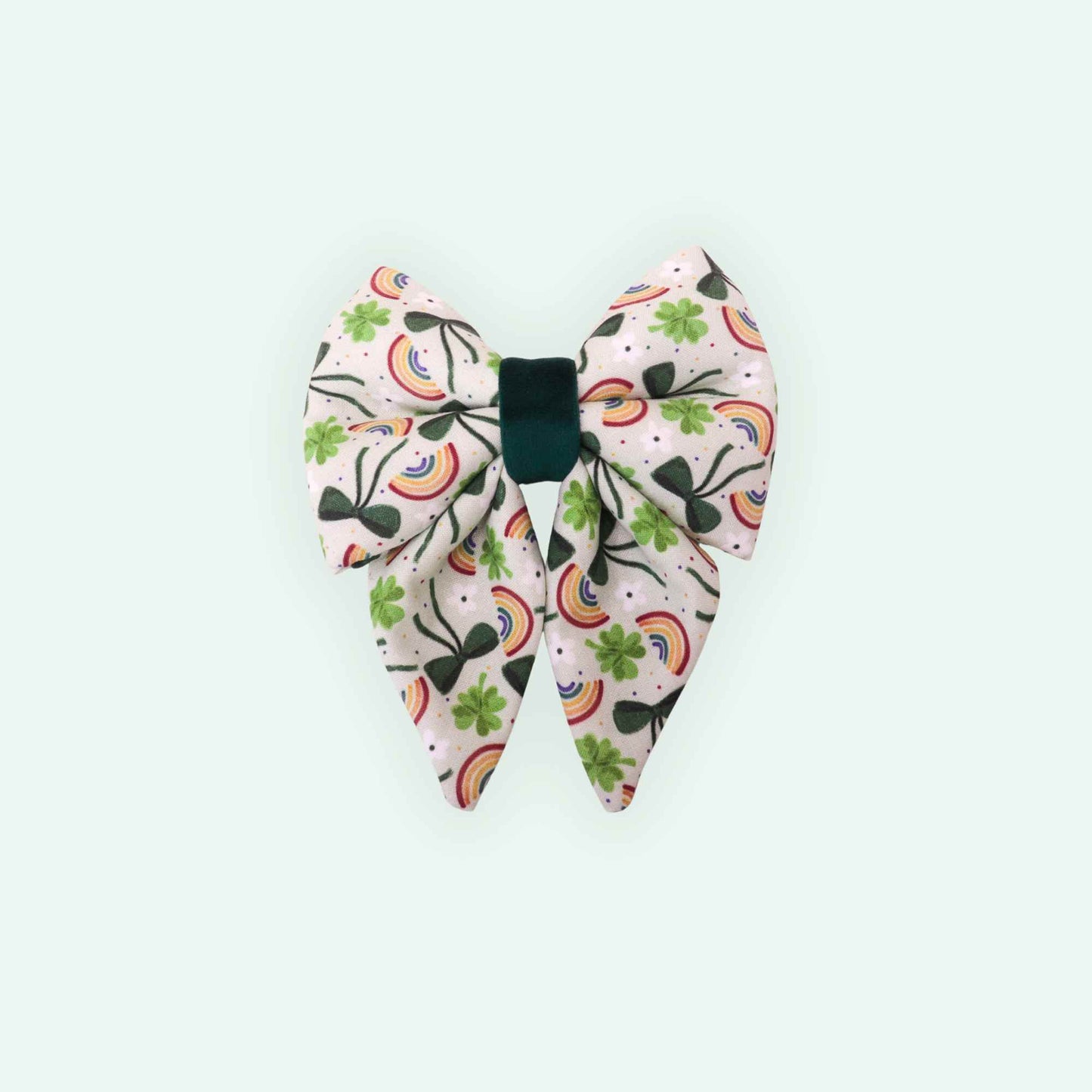 Fortune Clover sailor dog bow with tails featuring lucky clovers and rainbow print, St Patrick’s Day dog accessory