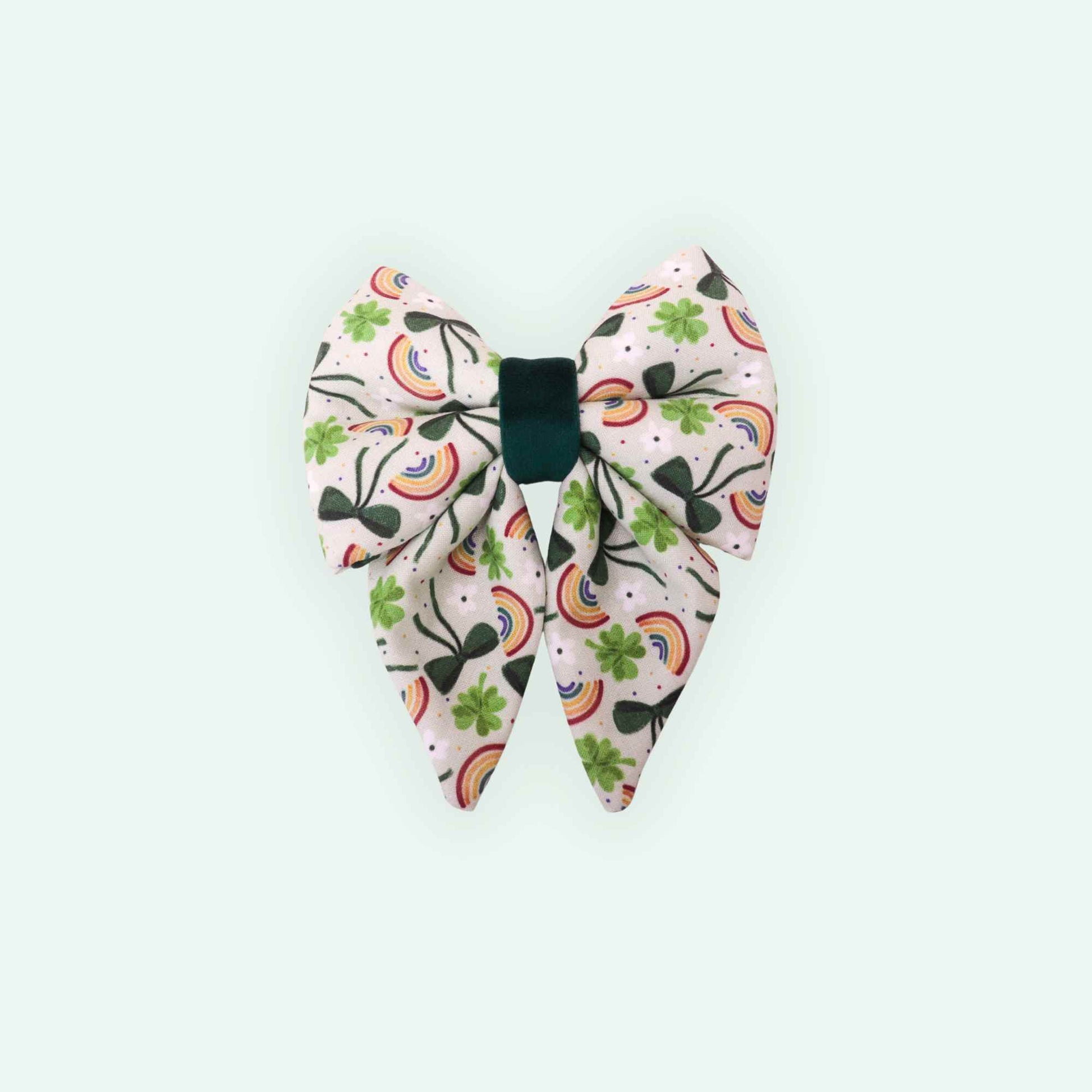 Fortune Clover sailor dog bow with tails featuring lucky clovers and rainbow print, St Patrick’s Day dog accessory