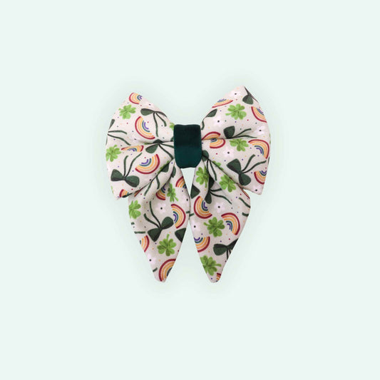 Fortune Clover sailor dog bow with tails featuring lucky clovers and rainbow print, St Patrick’s Day dog accessory