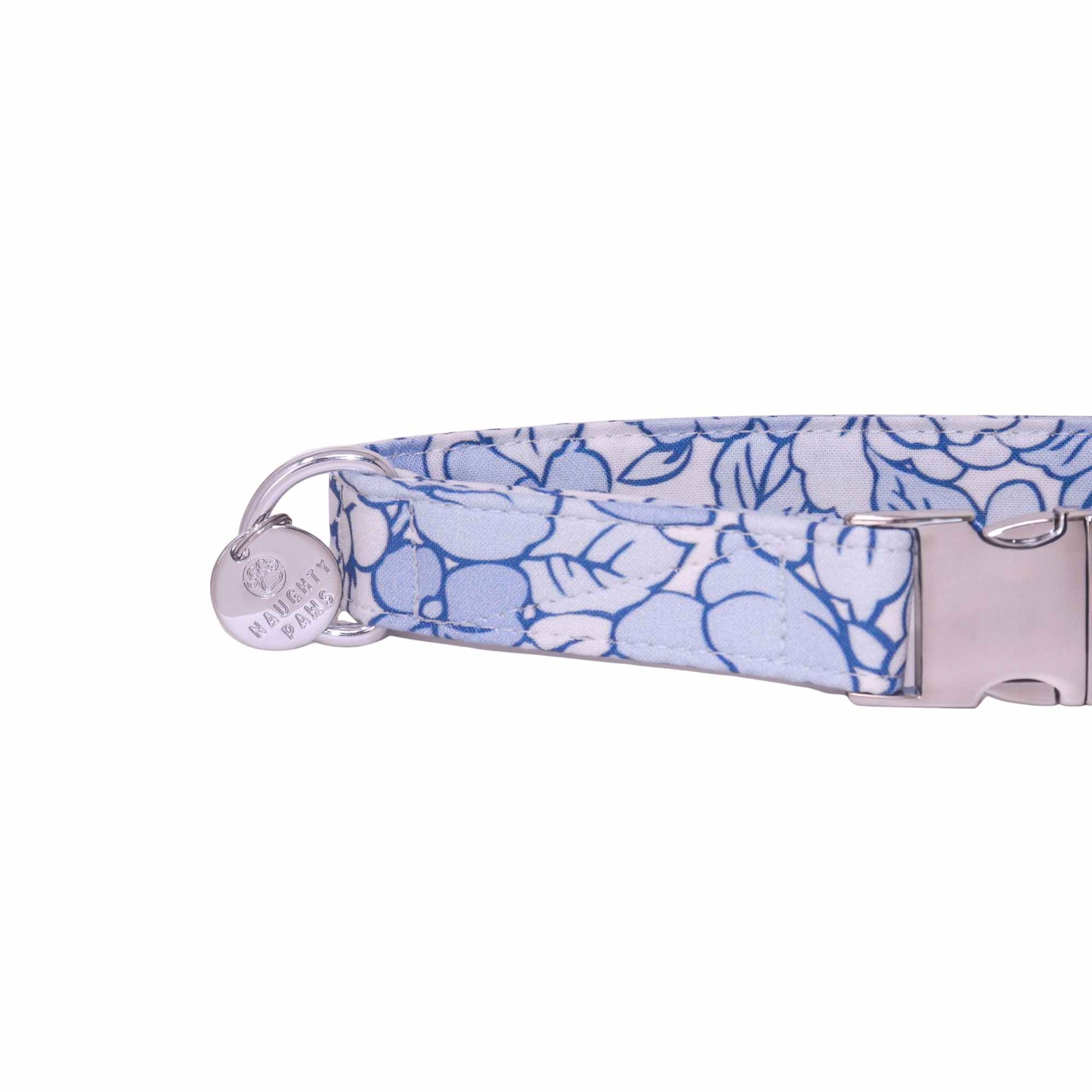 Blue floral dog collar inspired by spring gardens featuring delicate flower illustrations