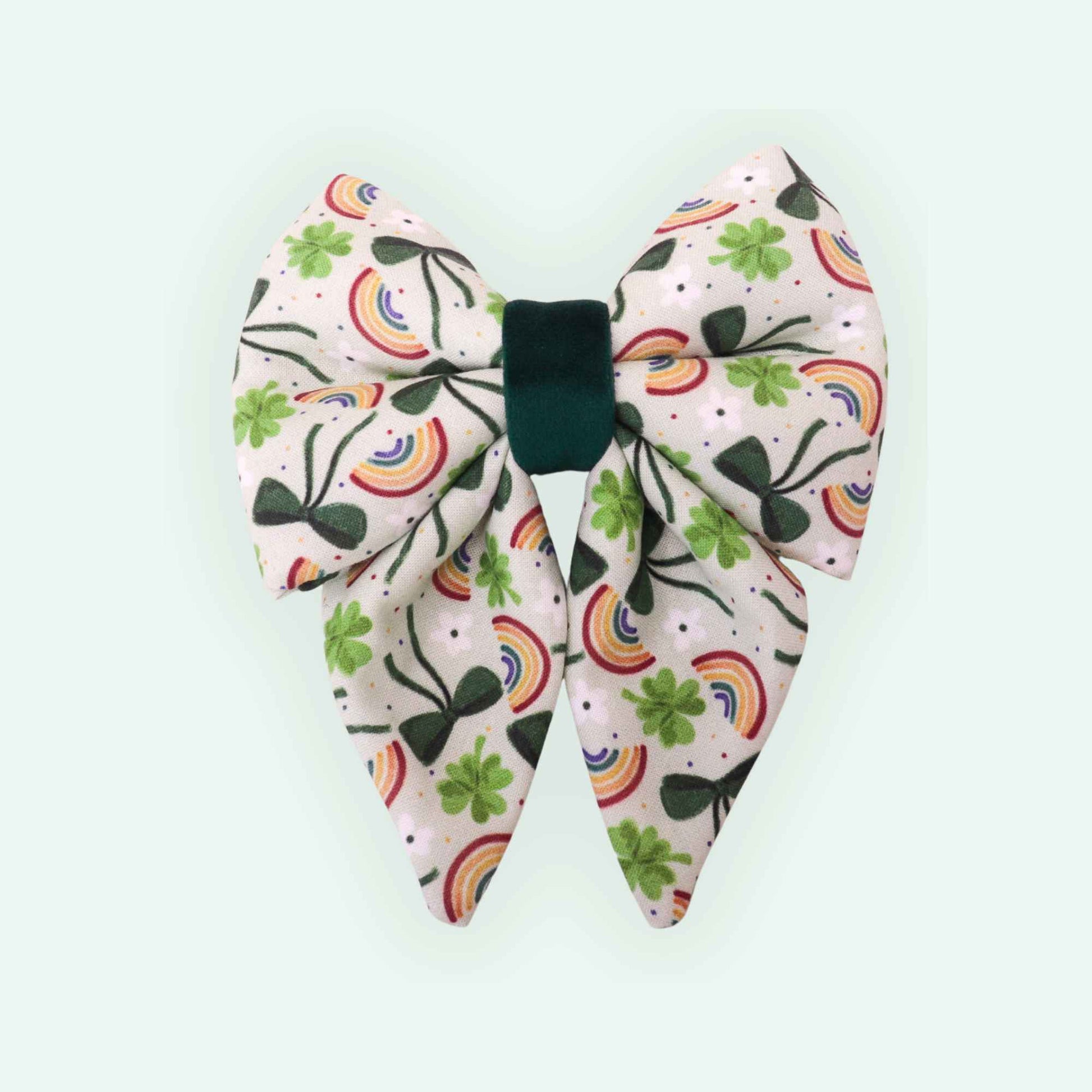 Fortune Clover sailor dog bow with tails featuring lucky clovers and rainbow print, St Patrick’s Day dog accessory