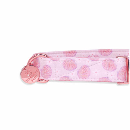 Summer dog collar featuring pink seashells, rose gold hardware, and a soft coastal-inspired design for stylish dogs