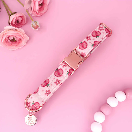 Sweet peach pink dog collar with floral peach pattern and rose gold hardware