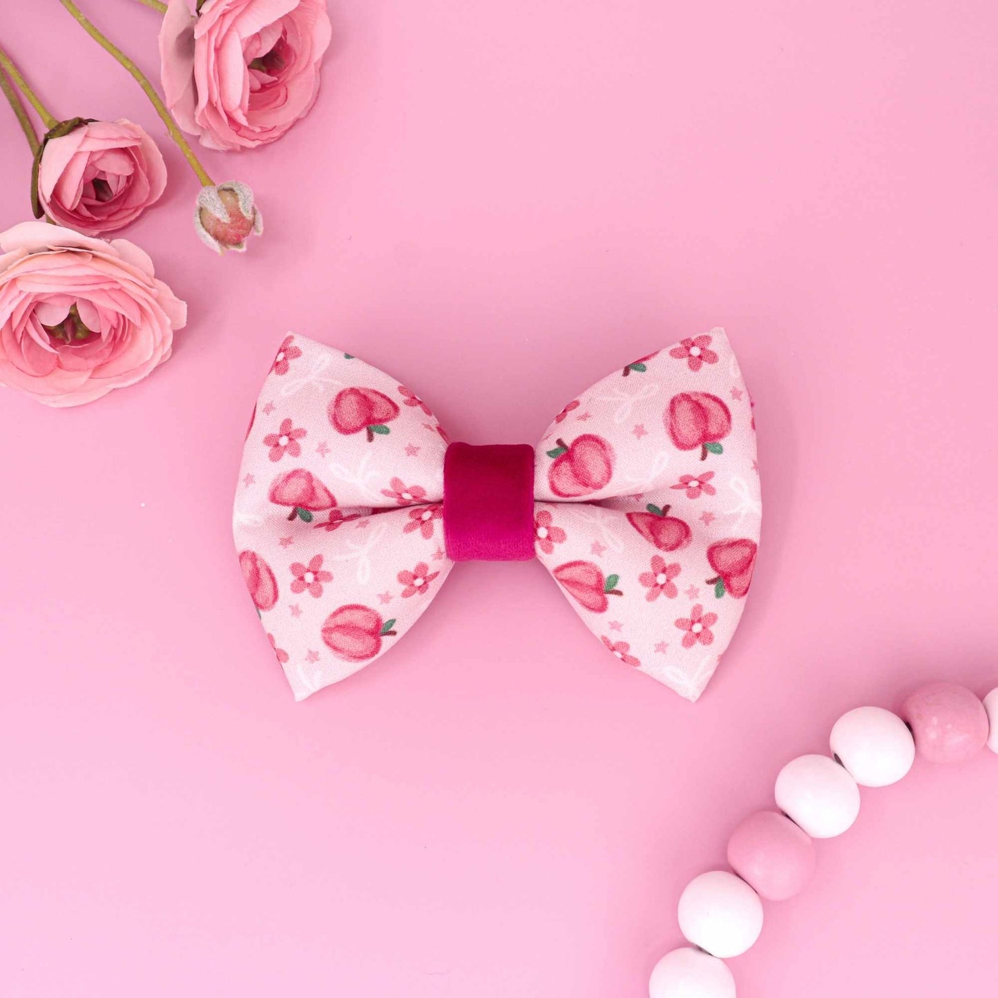 Sweet peach puffy dog bow tie with floral peach pattern