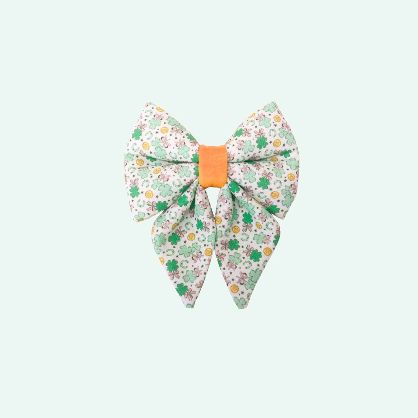 Clover Charm sailor dog bow with tails featuring lucky clover charm print, green St Patrick’s Day dog accessory
