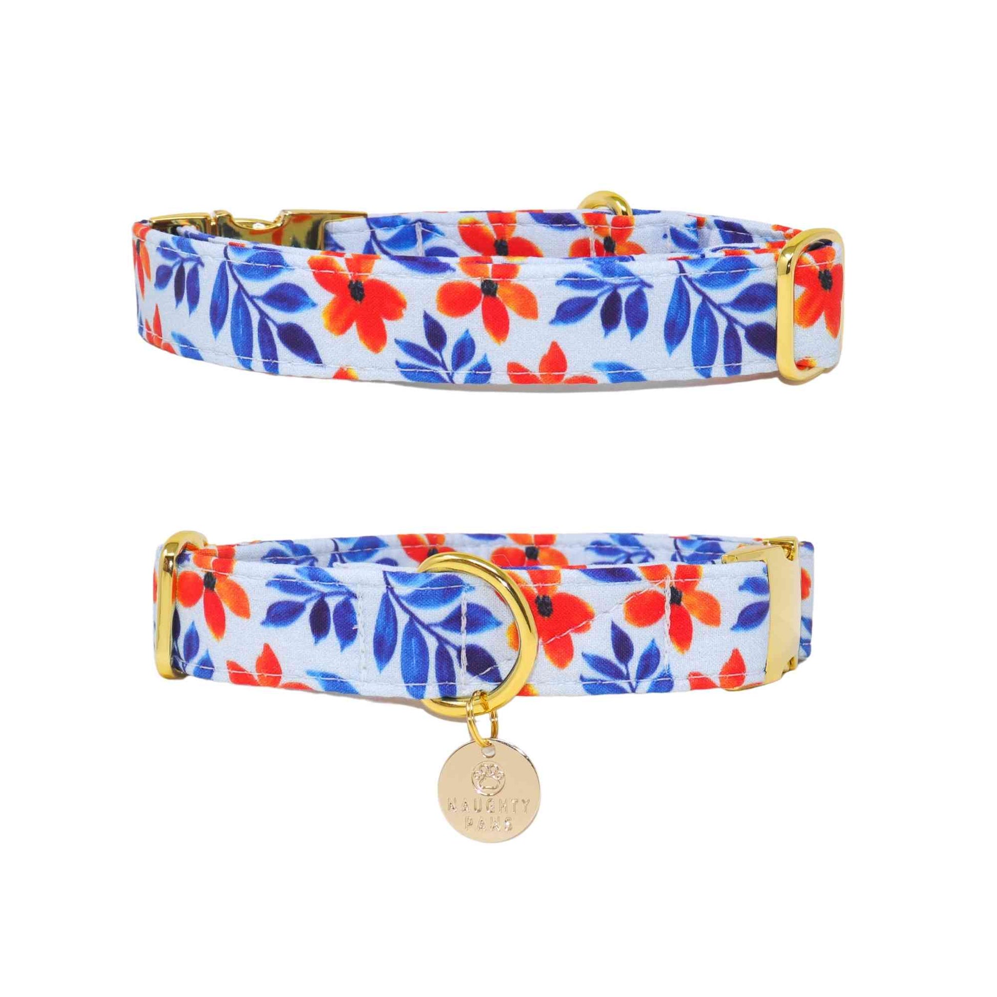 Crafted with care using high-quality materials, our collar is built to last and withstand the wear and tear of everyday use. The vibrant orange and blue floral pattern adds a pop of color to any outfit, making it the perfect accessory for sunny days and outdoor adventures. Whether you're taking your furry friend for a walk in the park or showing off their stylish new collar to friends and family, our "Bali" dog collar is sure to turn heads and make a statement.