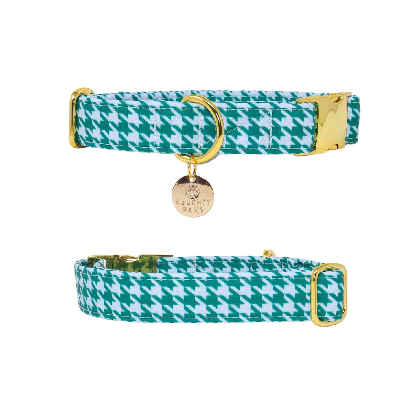 Looking for a high-quality and stylish collar for your boy dog? Our "George" Green and Blue Houndstooth Boy Dog Collar is the perfect choice! Handmade with love and care, our collar is available in sizes ranging from extra extra small to extra large, ensuring a perfect fit for any pup.
