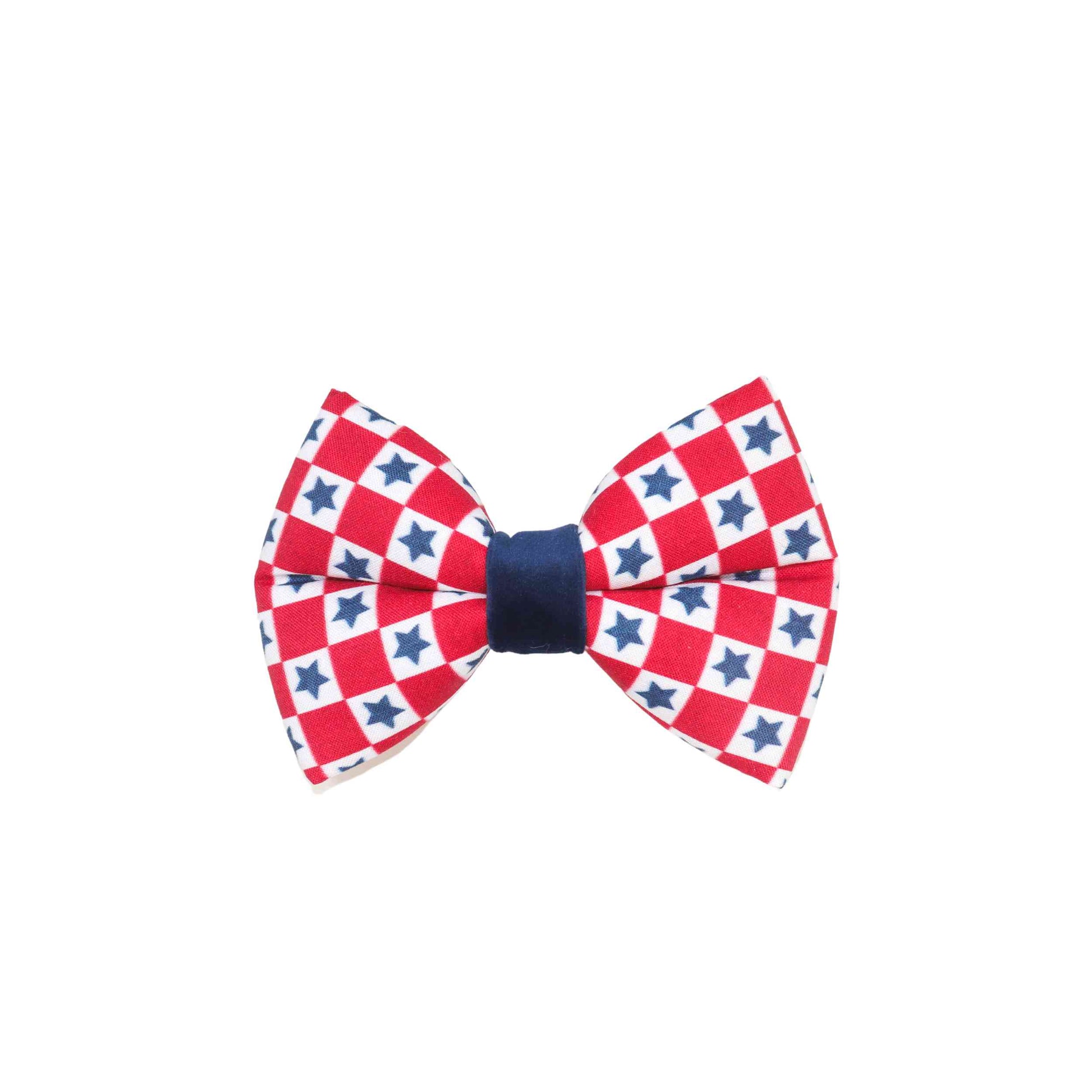 Show off your American pride with our 'American' red checker with blue stars dog bow tie, perfect for the 4th of July celebration. Our bow tie features a classic red checker design with blue stars, adding a touch of patriotism to your pet's wardrobe. The two elastic loops allow for a comfortable and secure fit over your pet's collar. Available for both girl and boy dogs, our bow tie is versatile and stylish for any occasion. 