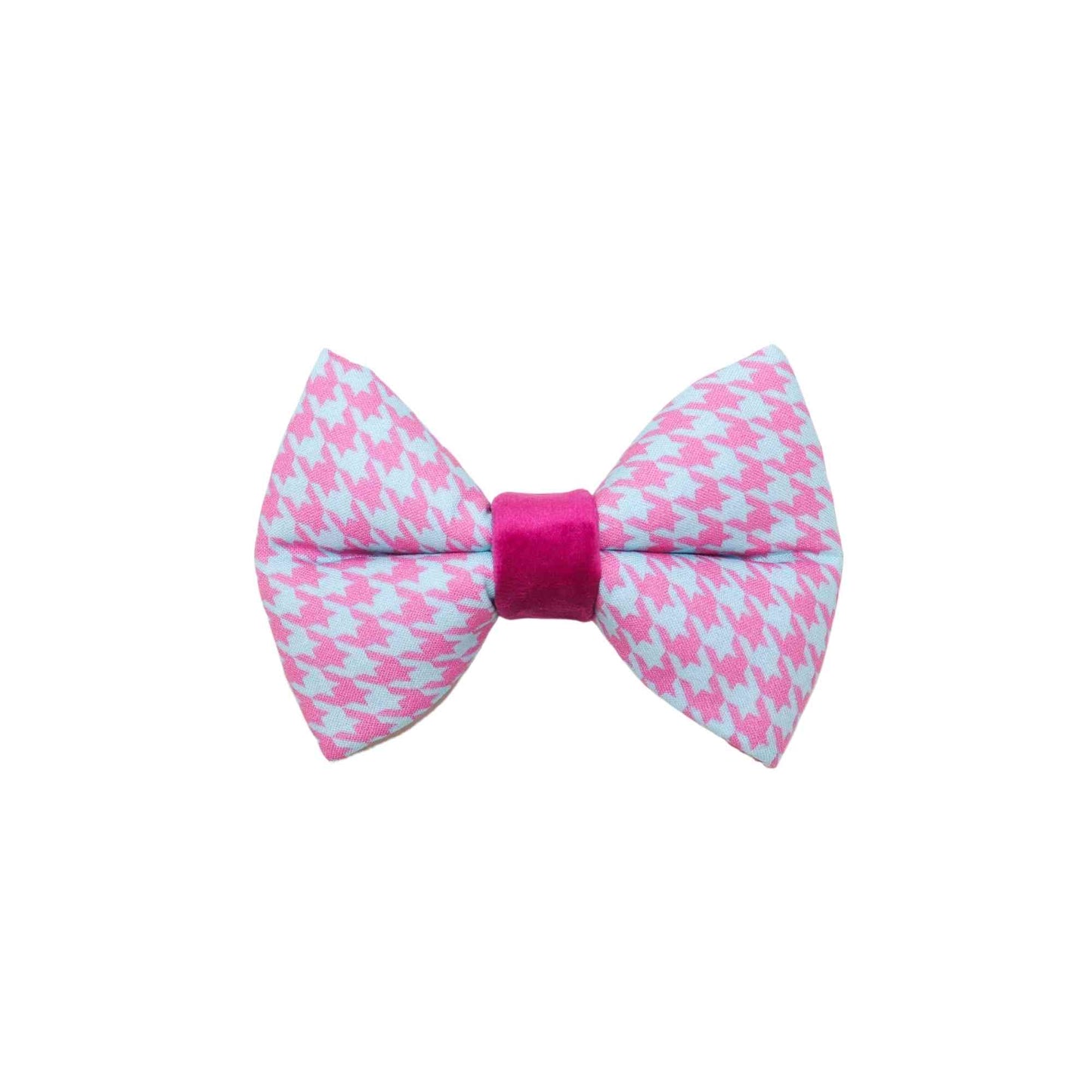Make your furry friend stand out from the pack with our pink and blue houndstooth dog bow tie! Our bow tie is designed to fit over your pet's collar, with two elastic loops that keep it securely in place. Available in small, medium, large, and extra-large sizes, our bow tie is perfect for dogs of all breeds and sizes. The houndstooth pattern adds a touch of style to any outfit, whether it's for a special occasion or everyday wear. Shop now and give your furry friend a stylish accessory they'll love!
